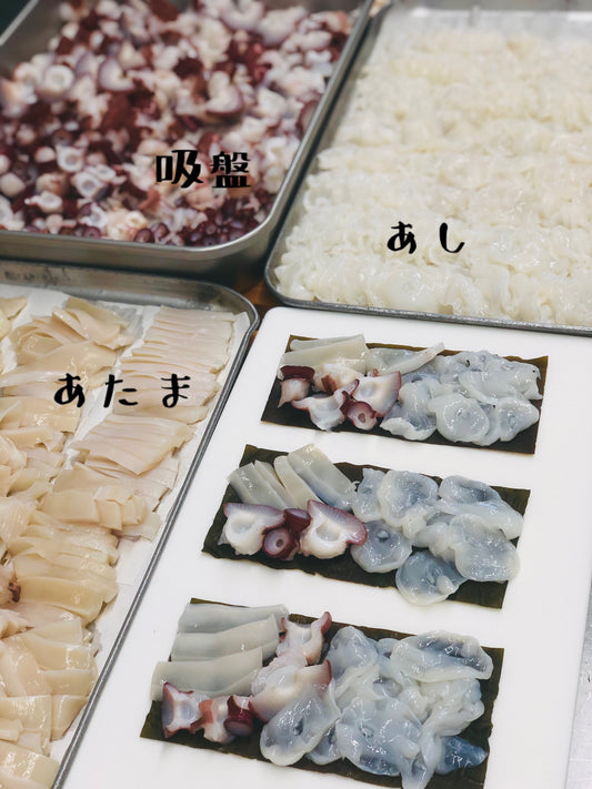 ◉おすすめ!水だこ昆布締め3pc 富山朝日町獲れ! 3つの部位の食感が味わえます!